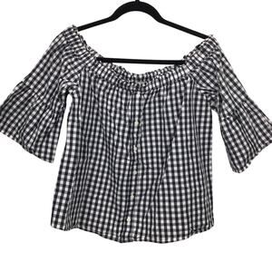 Abercrombie and Finch Gingham Off Shoulder Bell Sleeve Blue White Cropped Top M